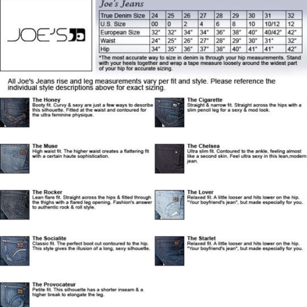 Joe jean size chart